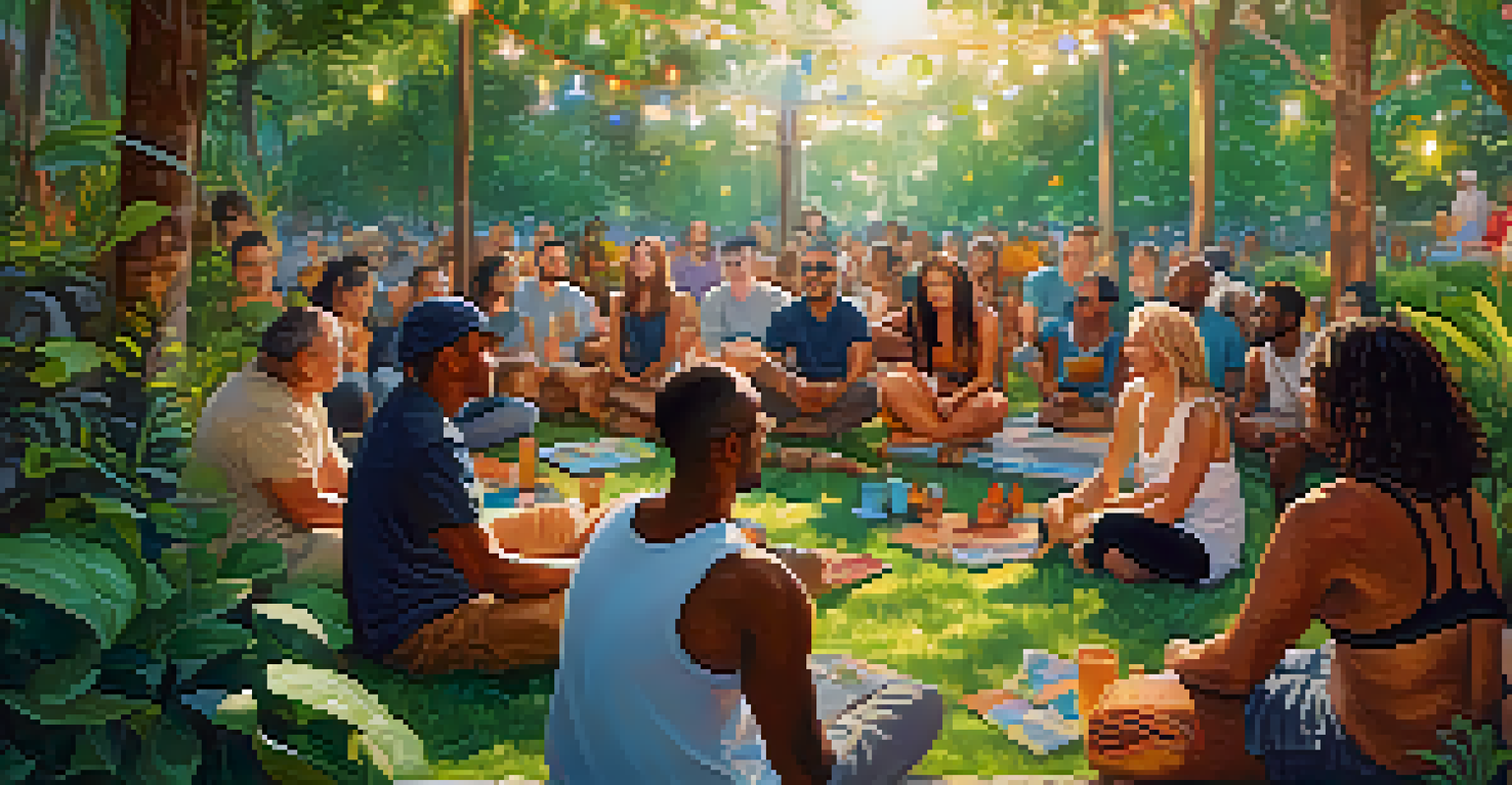 A diverse community gathering outdoors, sharing stories about entheogens in a lush, colorful environment.