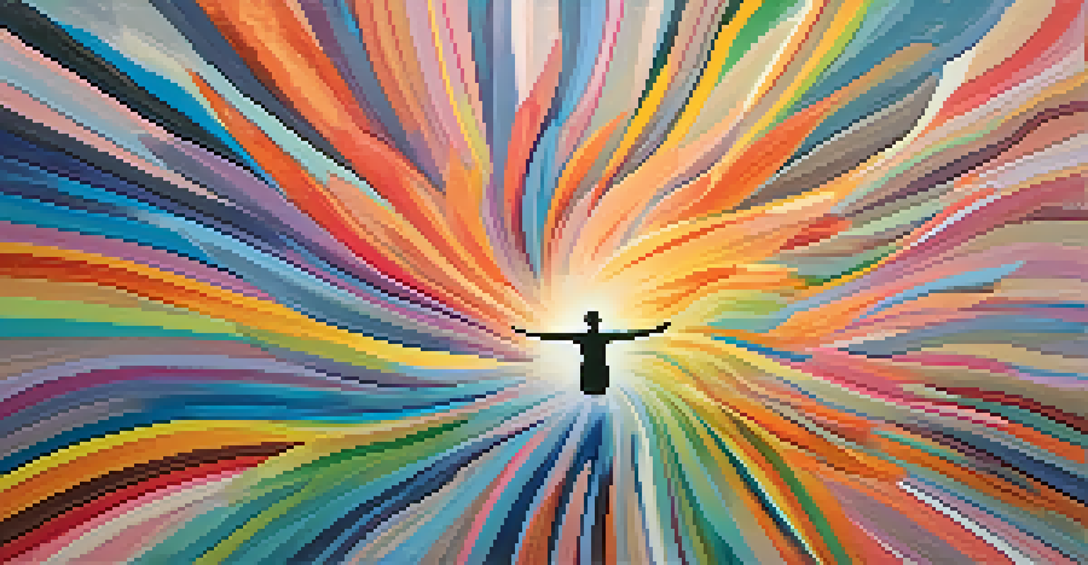 An abstract image depicting emotional healing with colorful swirling patterns and a silhouette of a person.