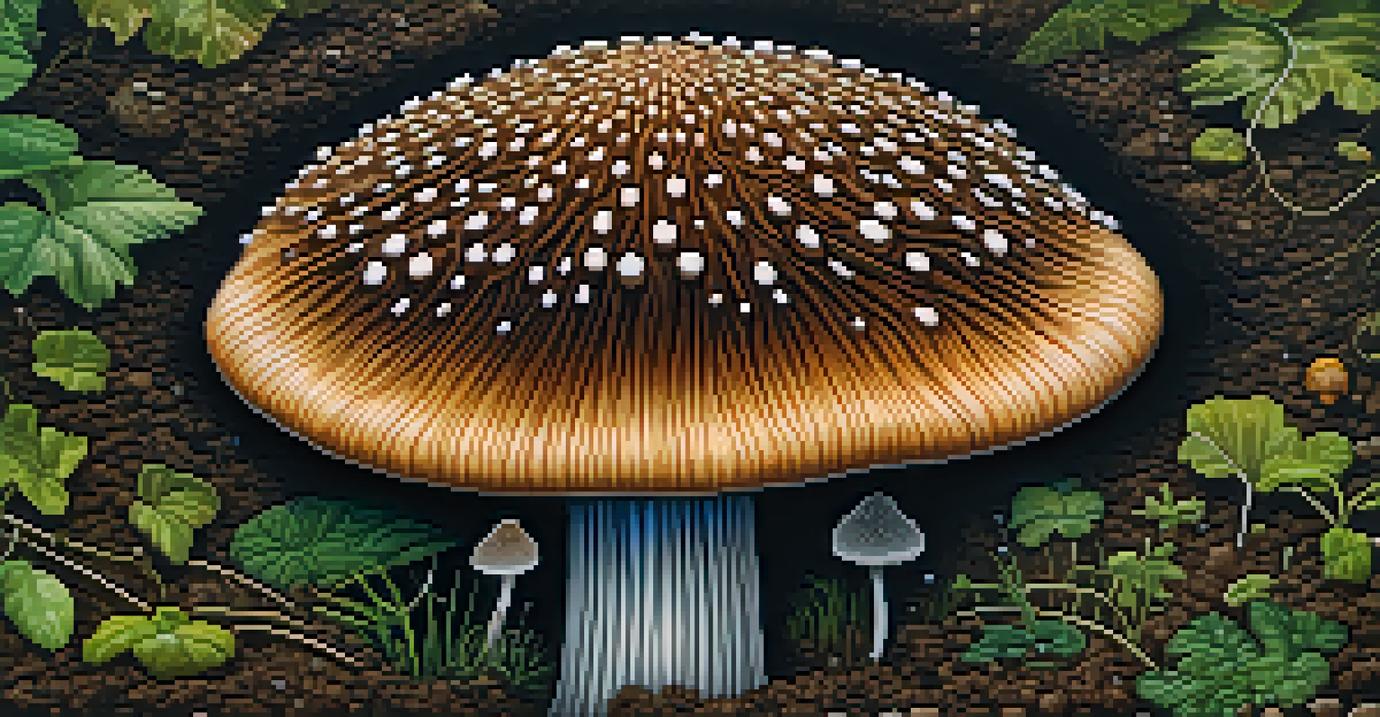 A close-up of a psilocybin mushroom with a colorful cap, surrounded by moss and insects on dark soil.