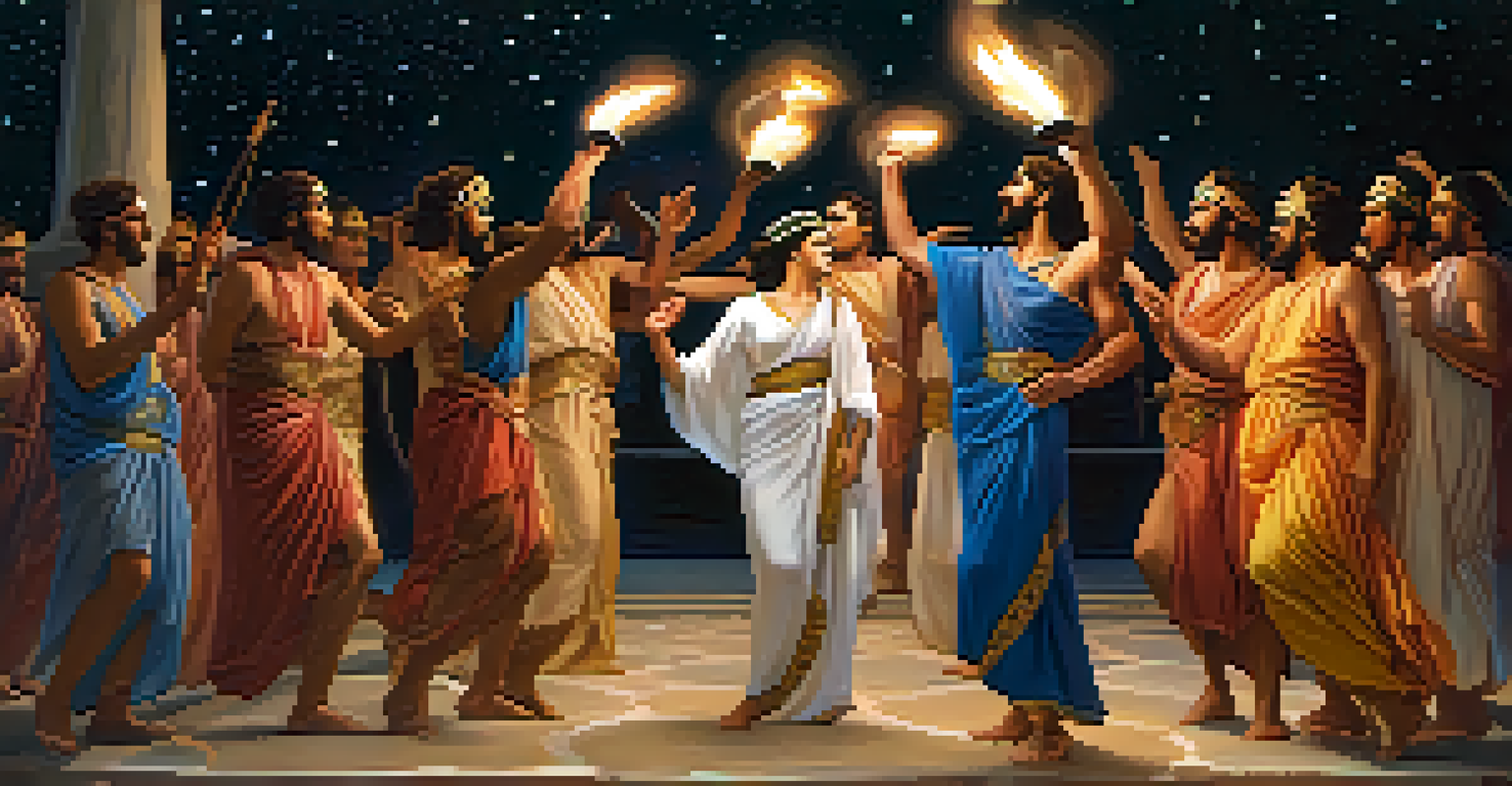 Ancient Greeks dancing in a circle under the stars, with musicians playing instruments and torches illuminating their joyful expressions.