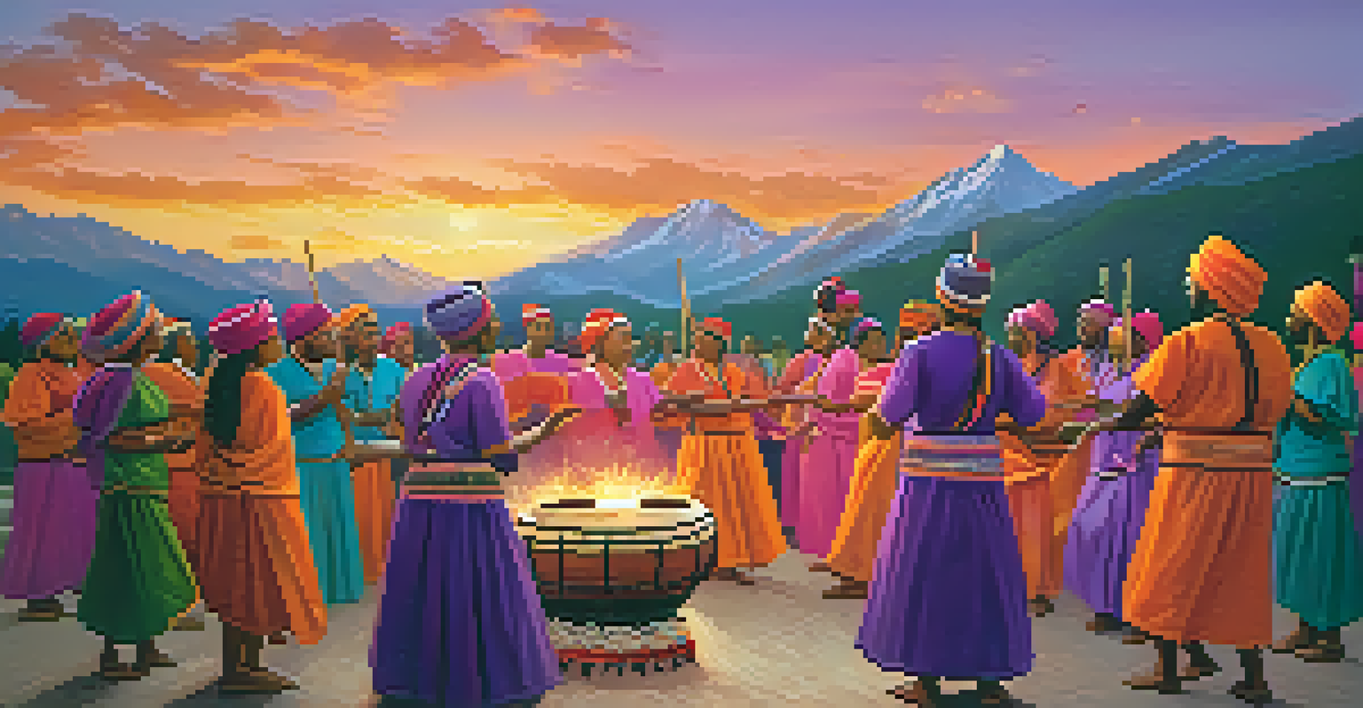 An outdoor ceremony at sunset with participants in colorful attire drumming and chanting against a mountain backdrop.
