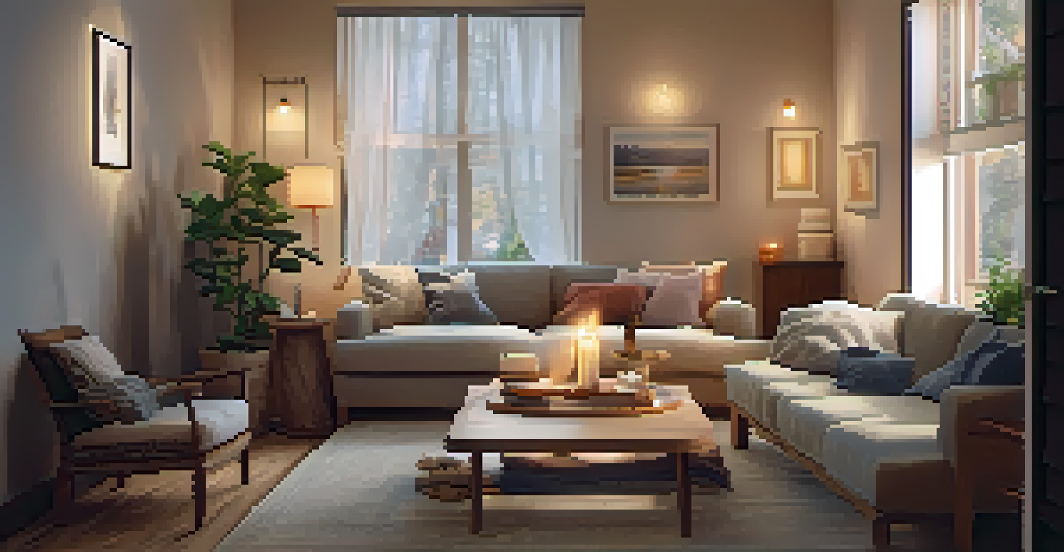 A cozy indoor space with soft lighting, cushions, and a small table with a journal and candle.