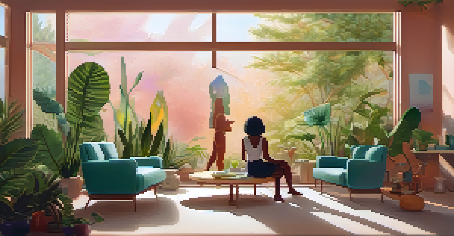 A tranquil therapy room with a therapist guiding a patient through a psychedelic-assisted session, surrounded by calming decor.
