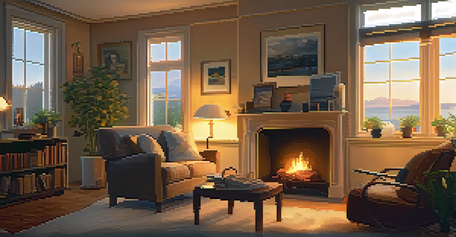 An elderly woman reading a book by a fireplace in a cozy living room, with a sunset view through the window and warm light illuminating the space.