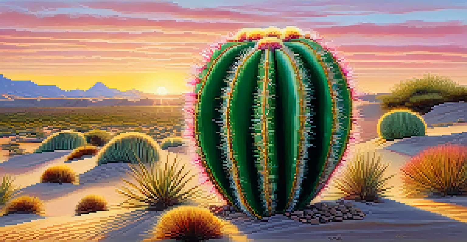 A close-up of a peyote cactus in a desert landscape at sunrise, highlighting its spines and flowers with rolling sand dunes in the background.