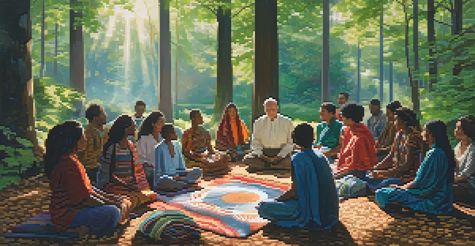 A diverse group of people meditating in a circle on colorful blankets in a sunlit forest.