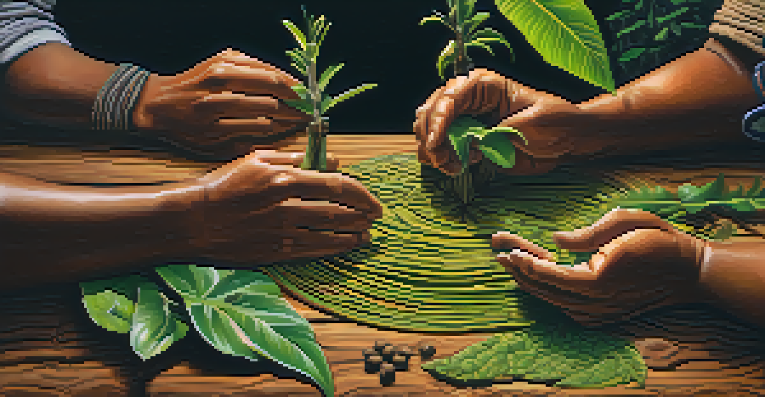 Close-up of hands preparing ayahuasca, with green leaves and earthy textures in a warm, rustic setting.
