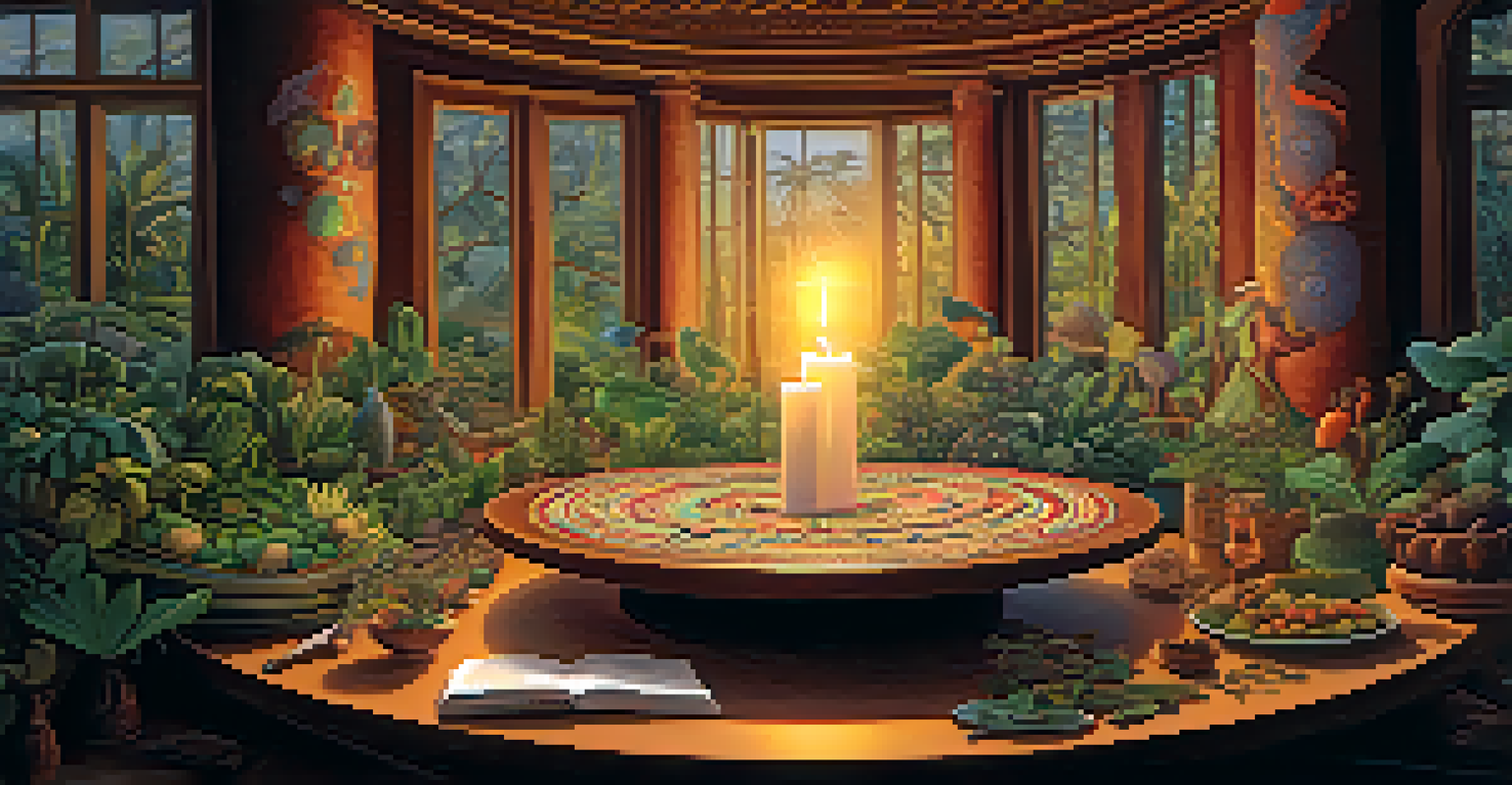 A round table displaying various natural entheogens under soft candlelight.