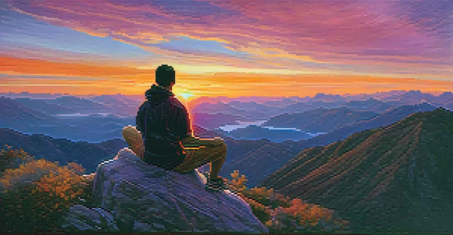 An athlete meditating on a mountain peak during sunset, with a colorful sky and valleys below.