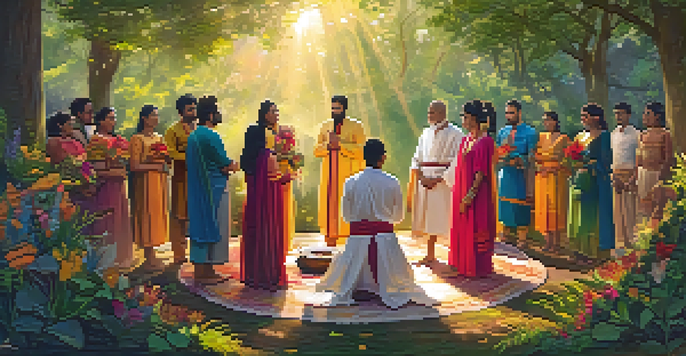 A peaceful forest with diverse individuals in traditional attire participating in a ritual ceremony under golden sunlight.