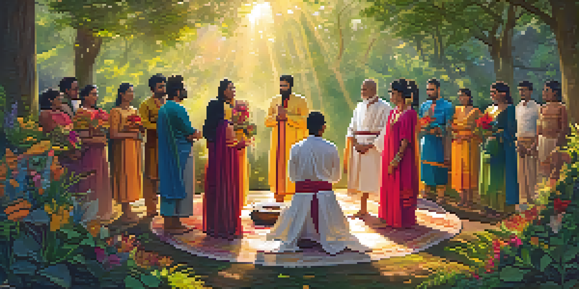 A peaceful forest with diverse individuals in traditional attire participating in a ritual ceremony under golden sunlight.