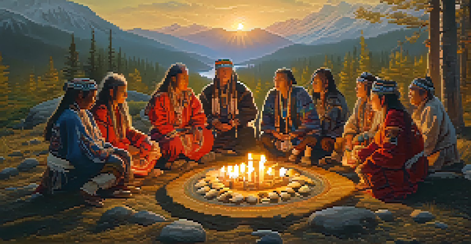 Siberian shamans in colorful garments performing a ritual around an altar with mushrooms, illuminated by sunset.