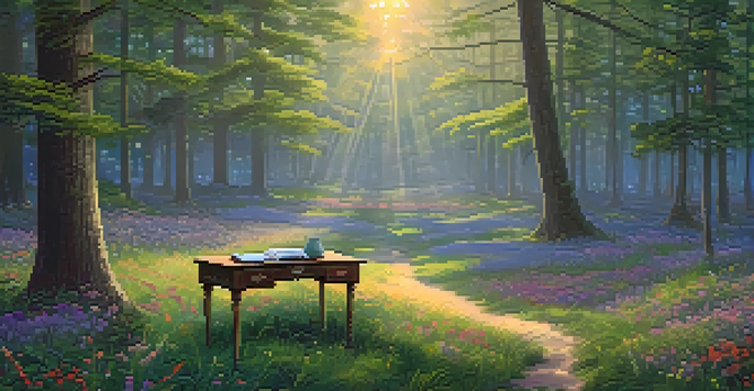 A tranquil forest at dawn with sunlight filtering through trees, a misty atmosphere, and a wooden writing desk with an open notebook and pen.