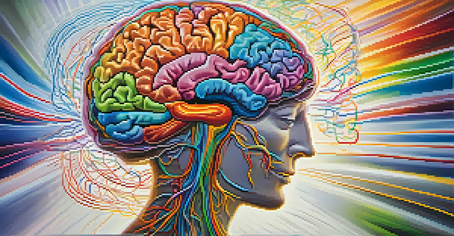 A colorful artistic depiction of the human brain with illuminated neural pathways, surrounded by swirling light patterns.