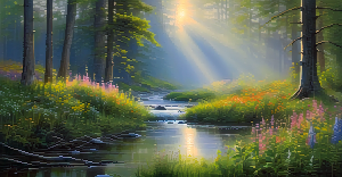 A peaceful forest at dawn with sunlight shining through trees and colorful wildflowers.