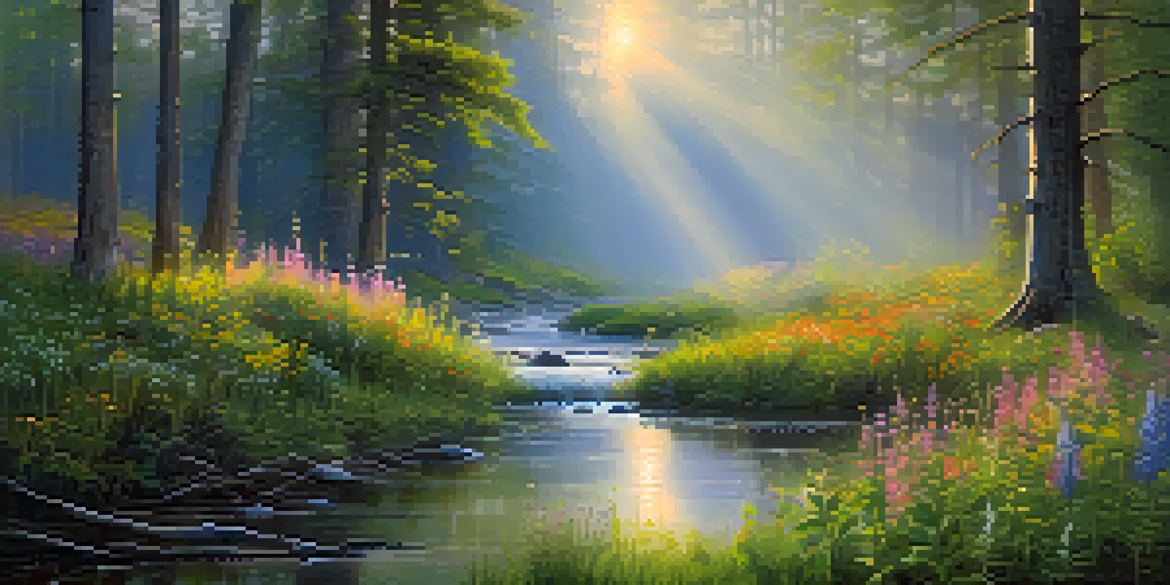 A peaceful forest at dawn with sunlight shining through trees and colorful wildflowers.