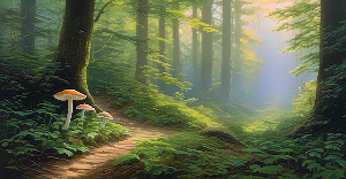 A tranquil forest scene with soft, golden light passing through green leaves and a winding path, scattered with colorful mushrooms and mist.