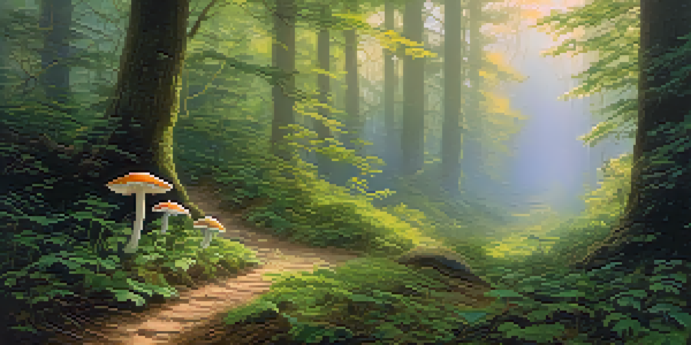 A tranquil forest scene with soft, golden light passing through green leaves and a winding path, scattered with colorful mushrooms and mist.