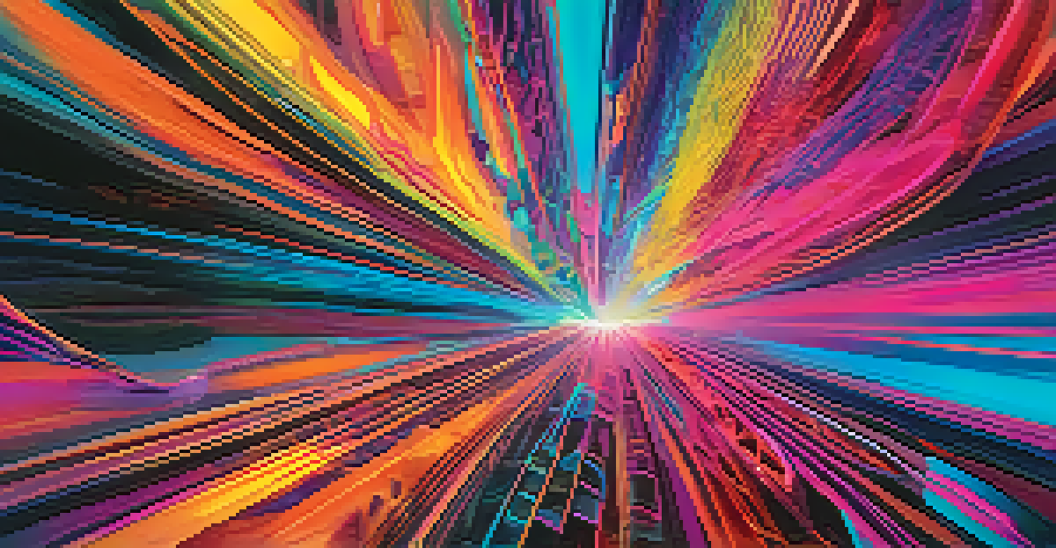 An abstract digital artwork with bright neon colors and fluid shapes, creating a sense of movement and depth.