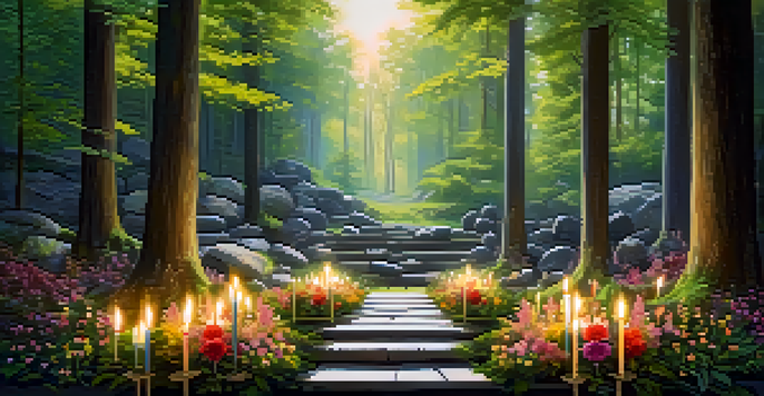 A tranquil forest clearing with tall trees and soft sunlight, featuring a stone altar decorated with flowers and candles.