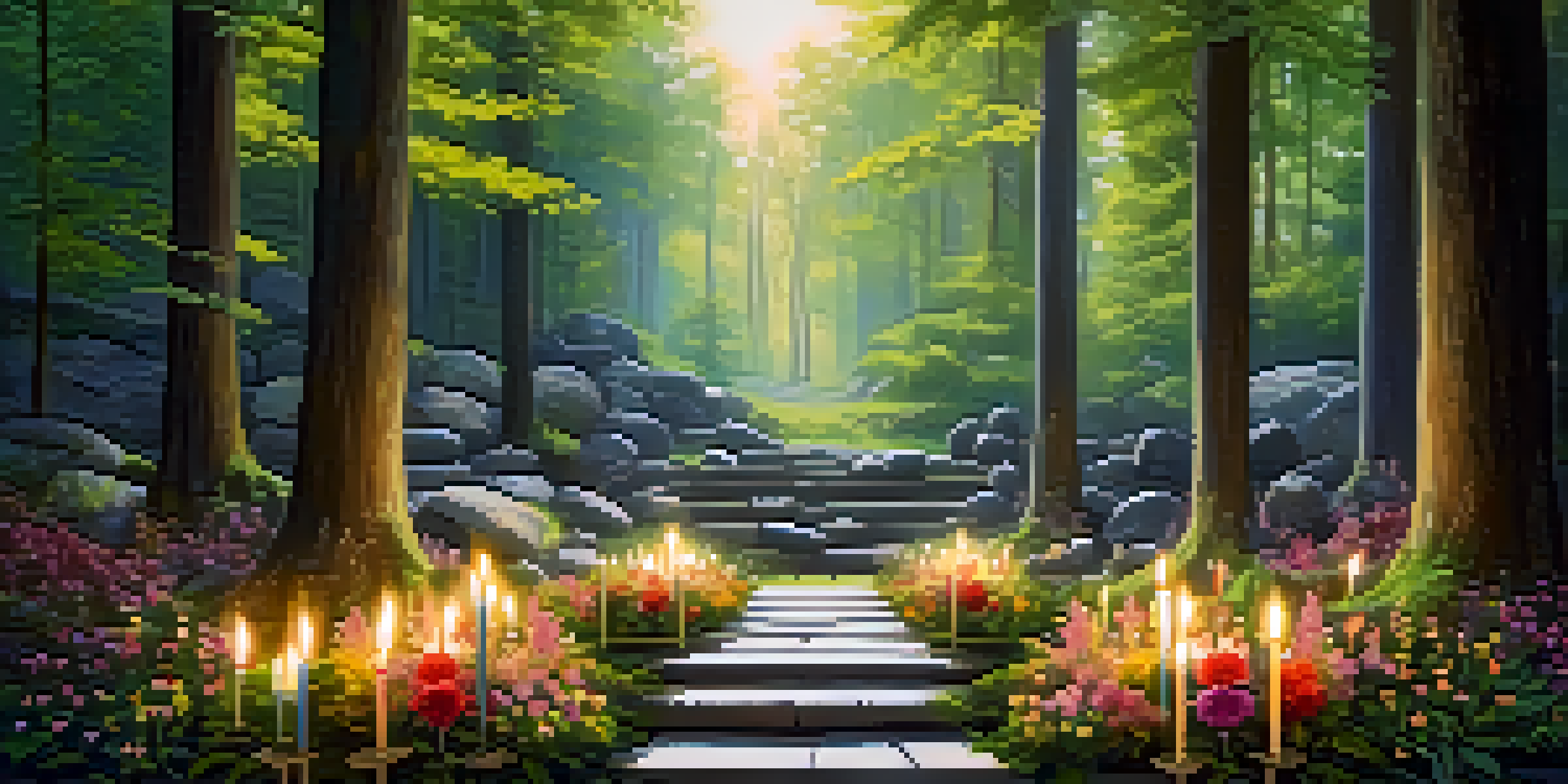 A tranquil forest clearing with tall trees and soft sunlight, featuring a stone altar decorated with flowers and candles.