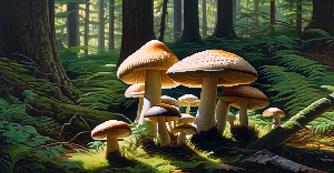 A peaceful forest with colorful mushrooms and sunlight filtering through the trees.