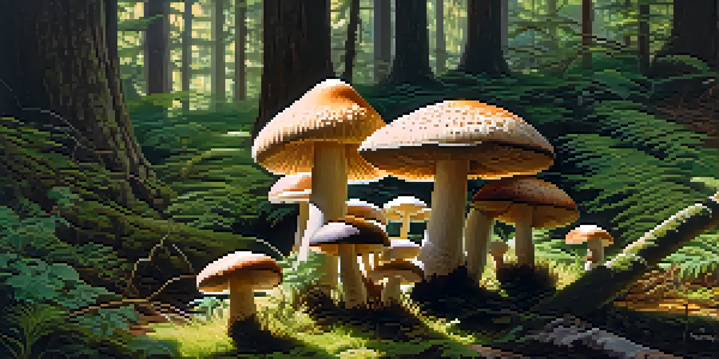 A peaceful forest with colorful mushrooms and sunlight filtering through the trees.