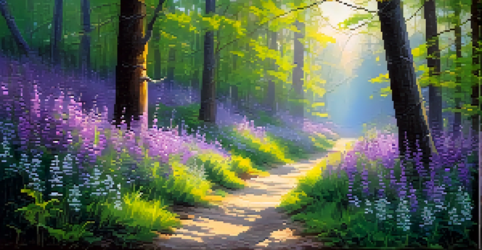 A tranquil forest at dawn with sunlight filtering through the trees and colorful wildflowers in a clearing.