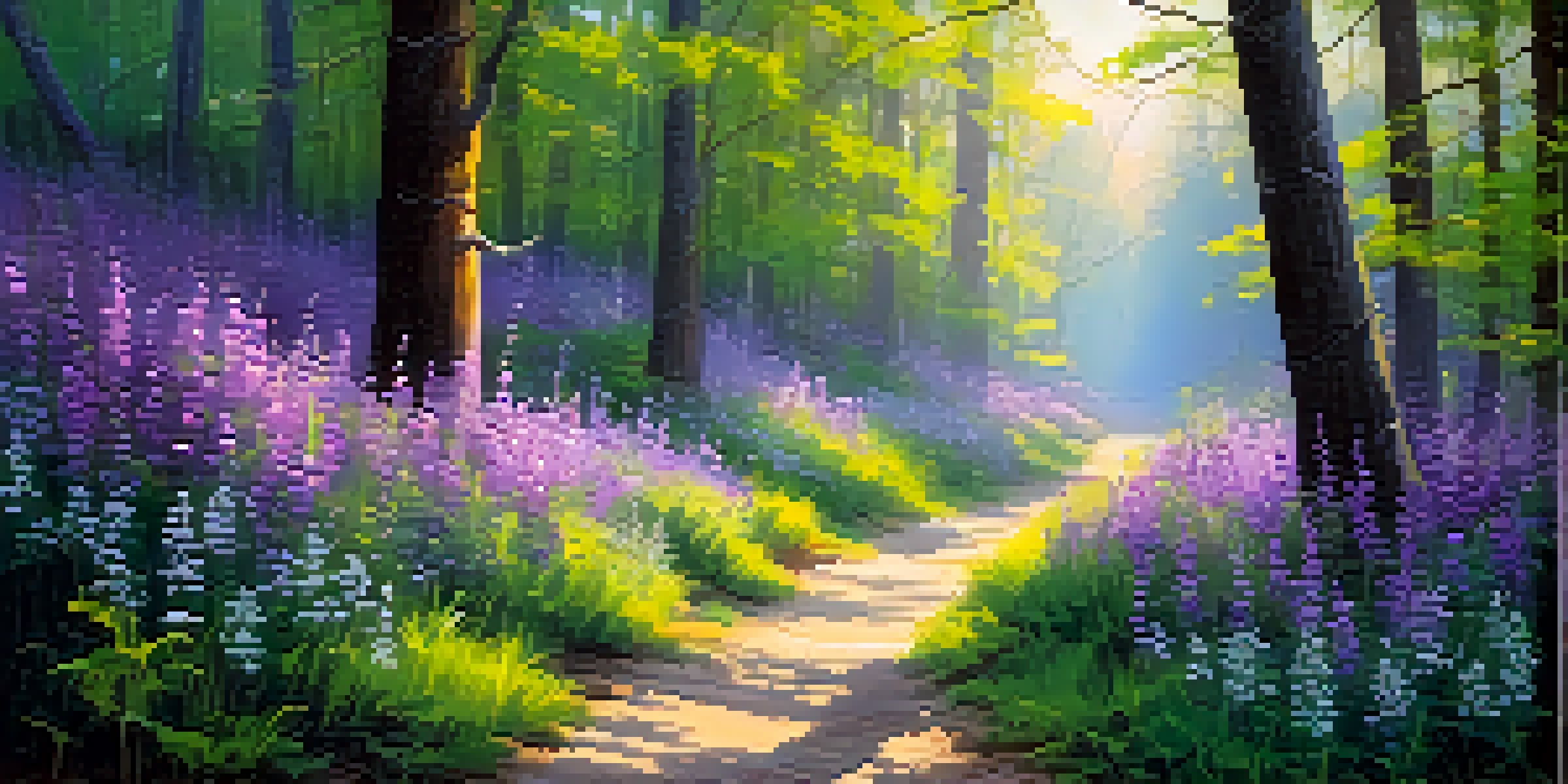A tranquil forest at dawn with sunlight filtering through the trees and colorful wildflowers in a clearing.