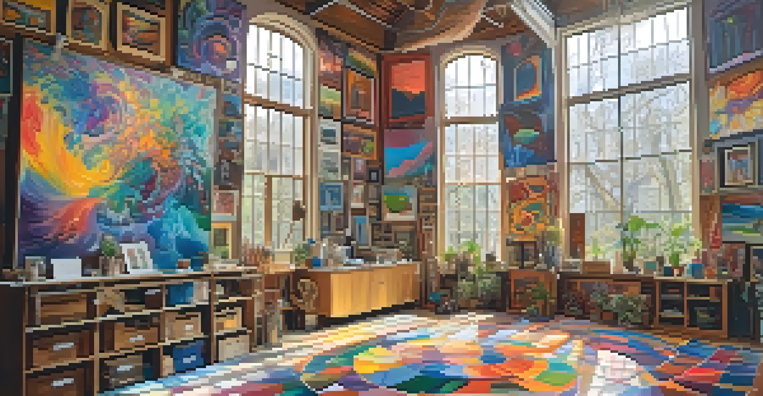 An artist's studio with vibrant paintings and natural light illuminating the creative space.