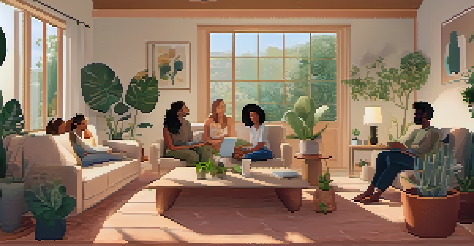A virtual meeting space with individuals on a video call discussing entheogenic experiences, each in their cozy home environments with plants and soft lighting.