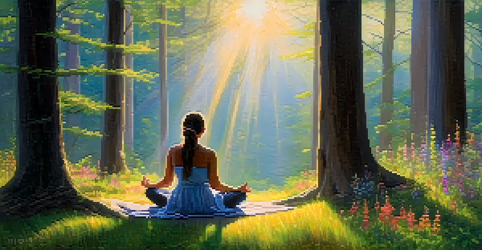 A person meditating in a tranquil forest clearing at dawn, surrounded by colorful wildflowers and soft sunlight filtering through the trees.