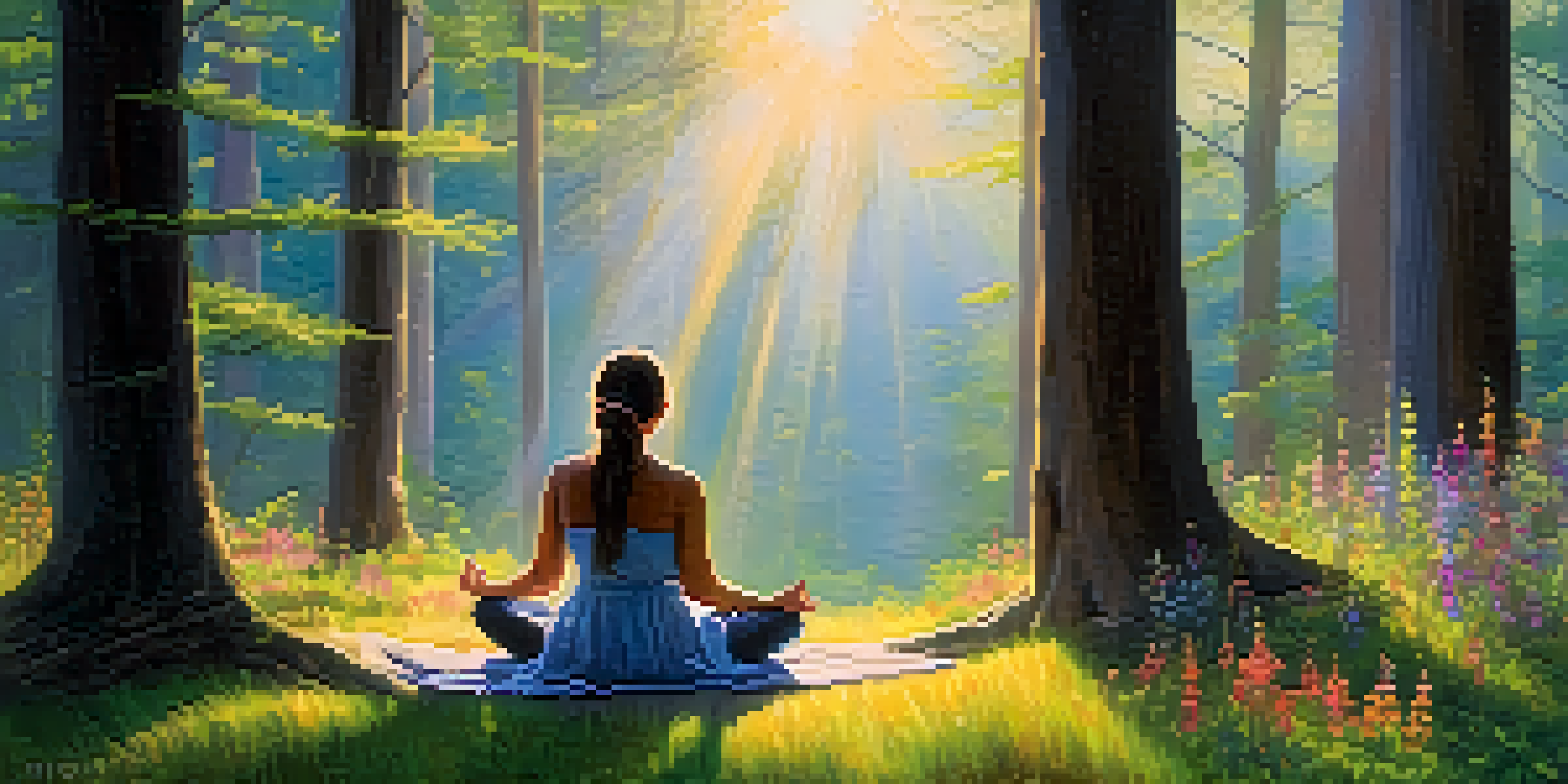 A person meditating in a tranquil forest clearing at dawn, surrounded by colorful wildflowers and soft sunlight filtering through the trees.