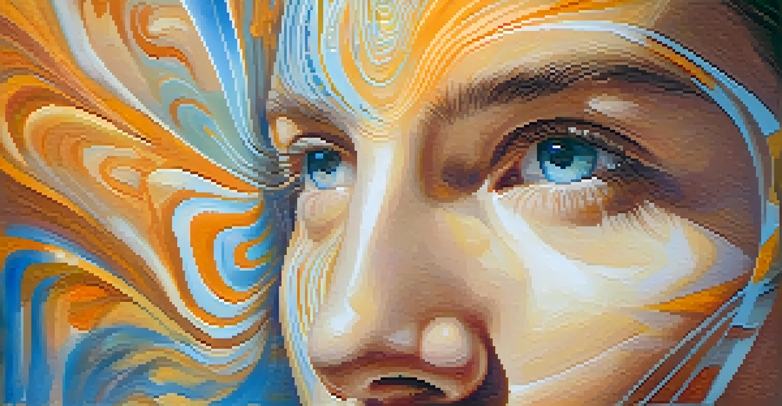 A close-up of a person meditating, with a calm expression and swirling colors in the background representing introspection and insights.