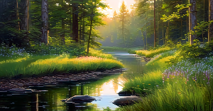 A peaceful forest at sunrise with golden light, wildflowers in the foreground, and a stream reflecting the sky.