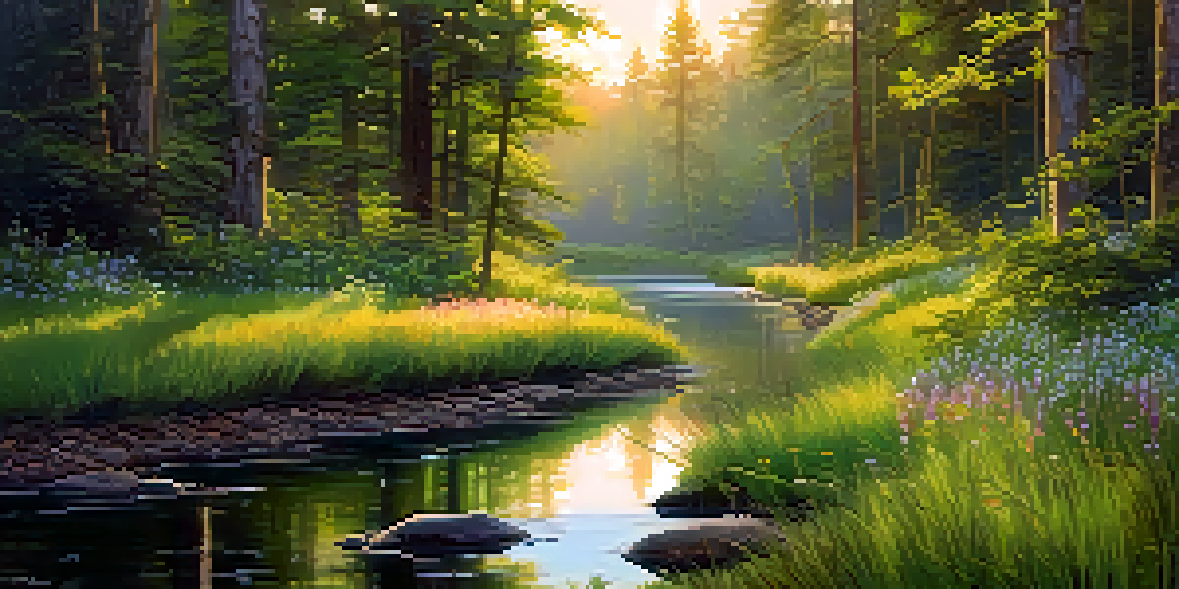 A peaceful forest at sunrise with golden light, wildflowers in the foreground, and a stream reflecting the sky.