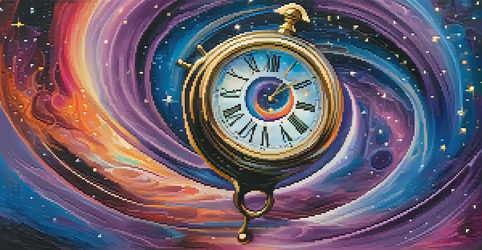 An abstract image depicting a swirling clock face merging with a colorful galaxy.
