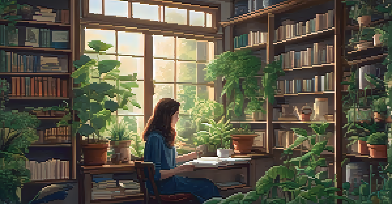 A warm and inviting indoor space with a person writing in a journal, surrounded by plants and books.