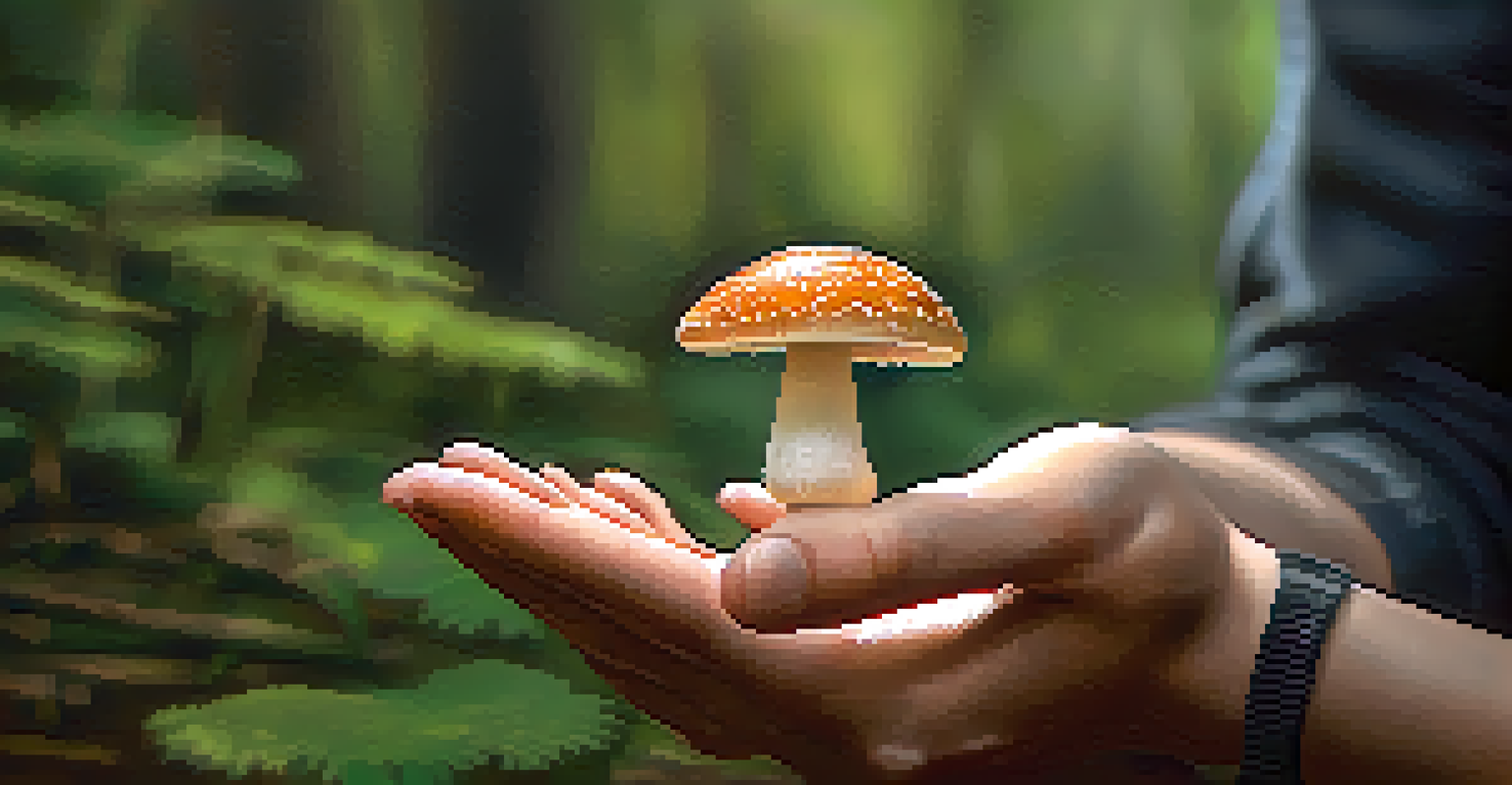 A close-up of a person holding a mushroom with a contemplative expression, set against a blurred forest background.