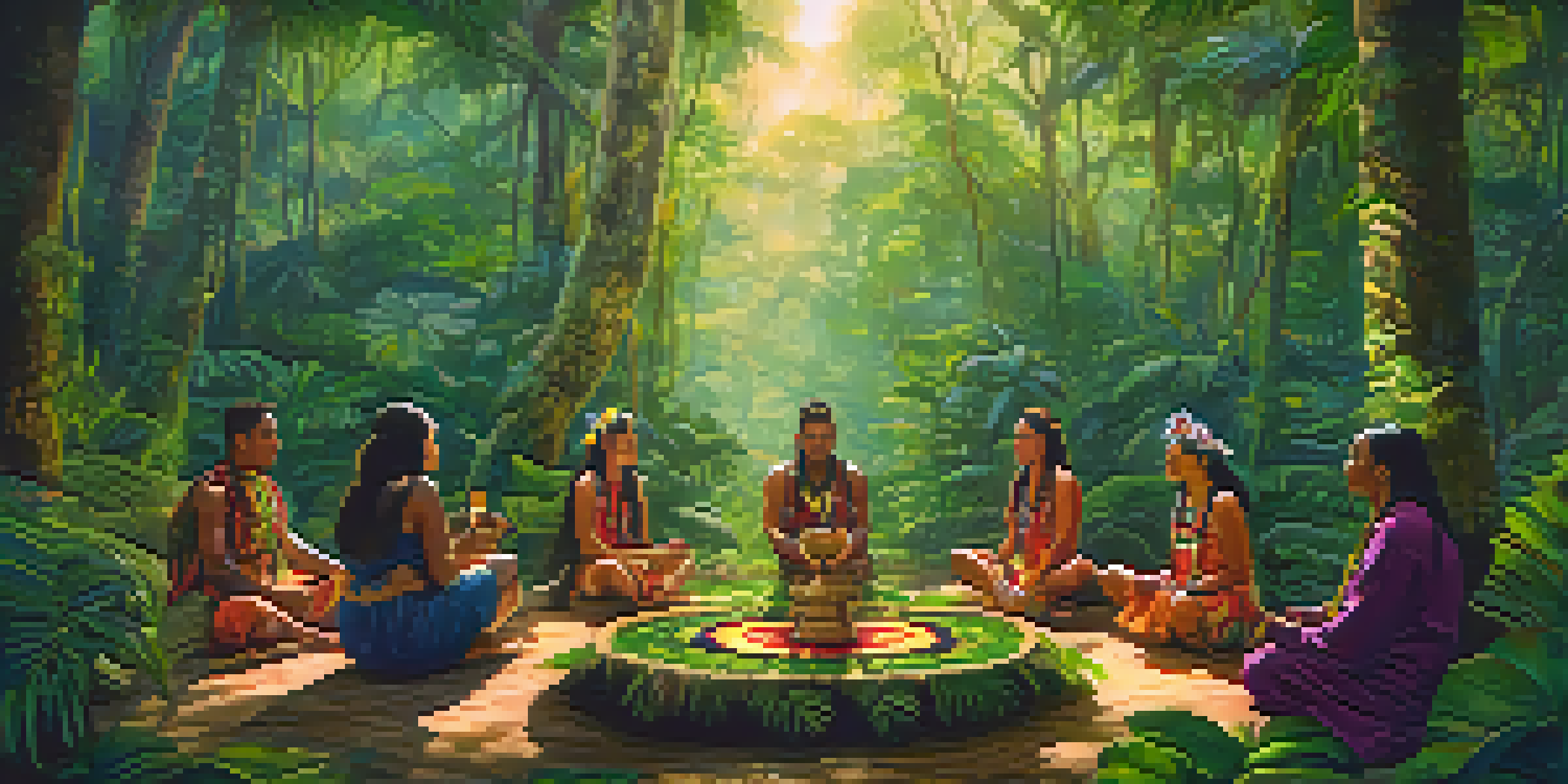 Participants in a circle during an ayahuasca ceremony in the Amazon rainforest, with a shaman leading the ritual amidst lush greenery.