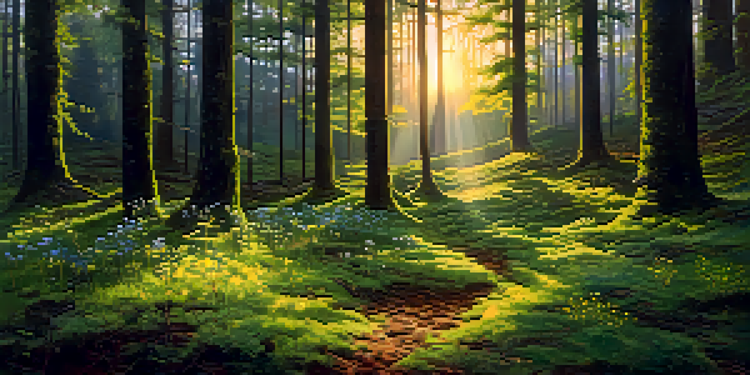 A peaceful forest at dawn with sunlight filtering through trees and a circle of wildflowers in a green moss-covered clearing.