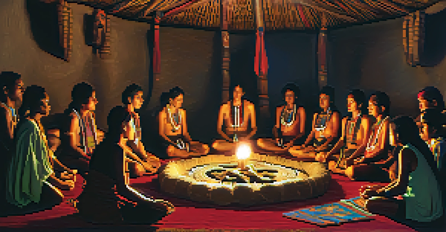 An indigenous shaman conducting an ayahuasca ceremony in a dimly lit room with colorful textiles, while participants sit in a meditative circle.