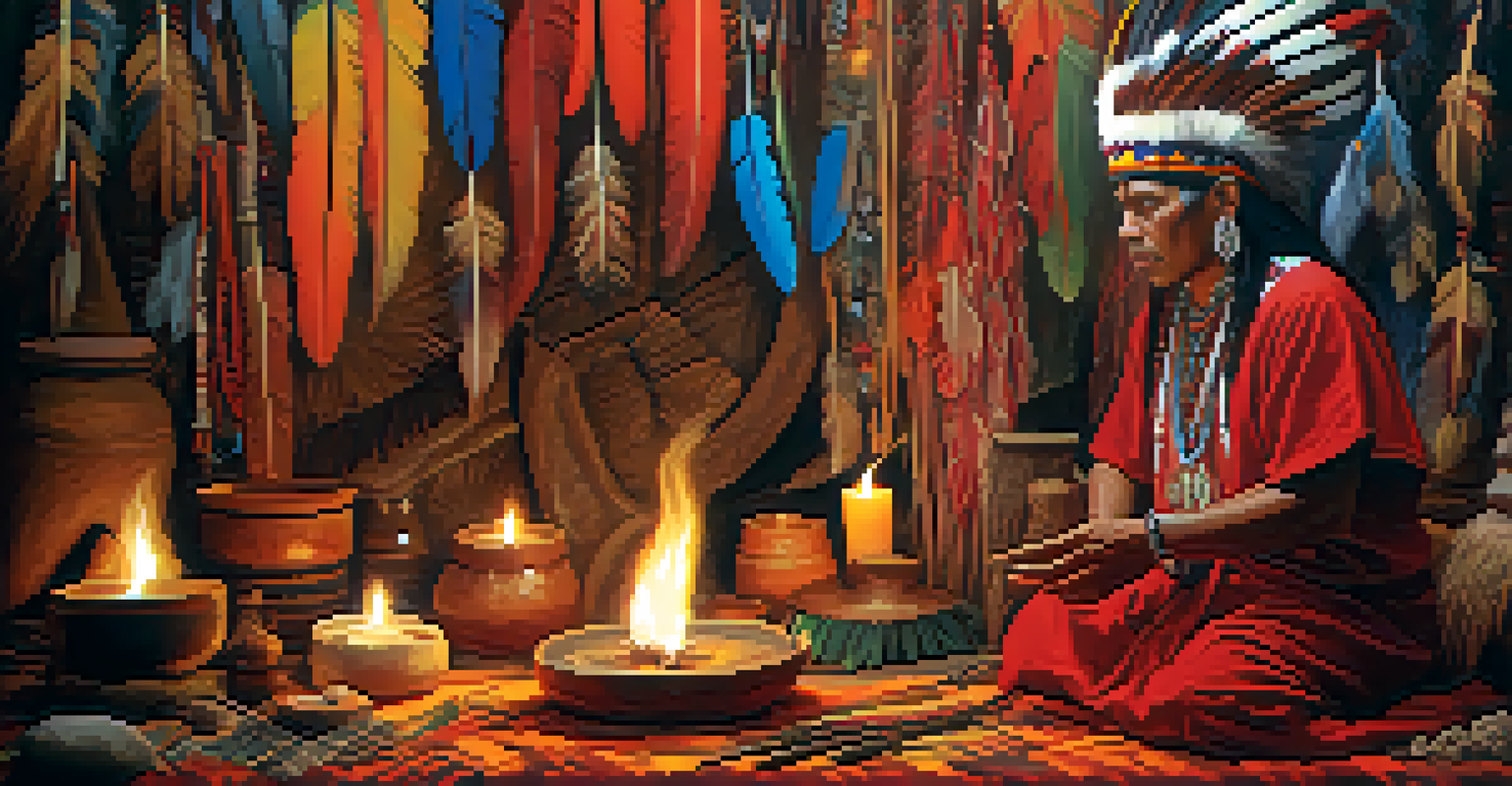 An indigenous shaman performing a traditional ceremony surrounded by colorful elements and soft lighting.