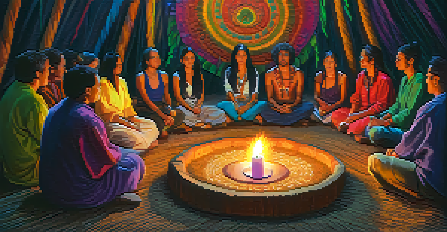 A diverse group of people sitting in a circle during an ayahuasca ceremony, led by a shaman, in a warmly lit setting adorned with colorful textiles and candles.
