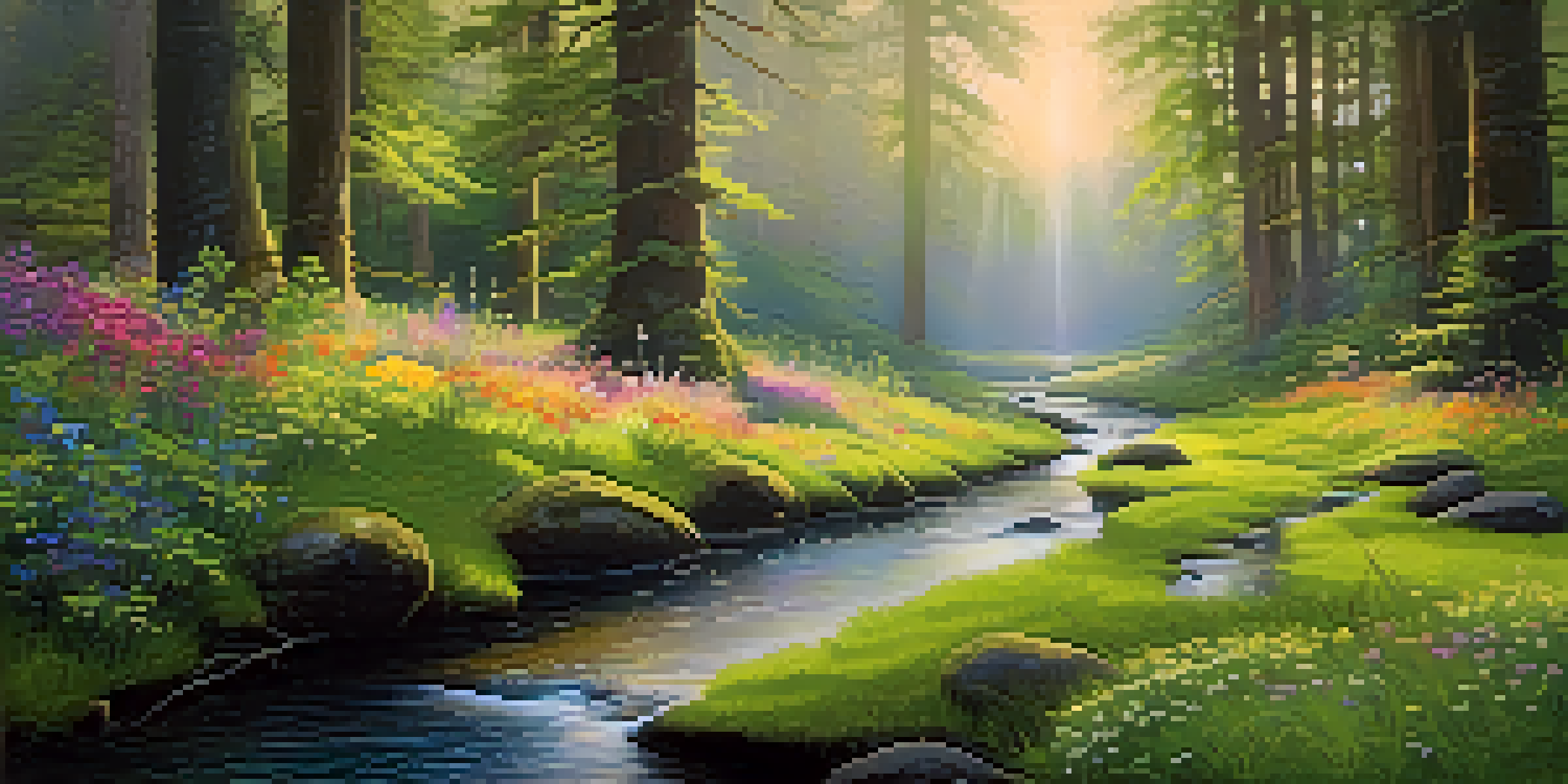 A peaceful forest at dawn with soft golden light, vibrant moss, and a tranquil stream.