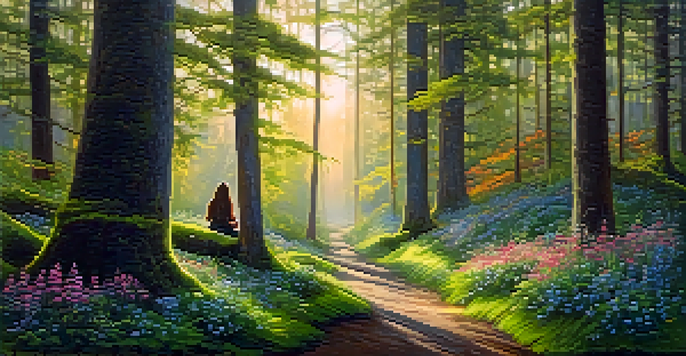 A person meditating in a forest at sunrise, surrounded by trees and wildflowers.