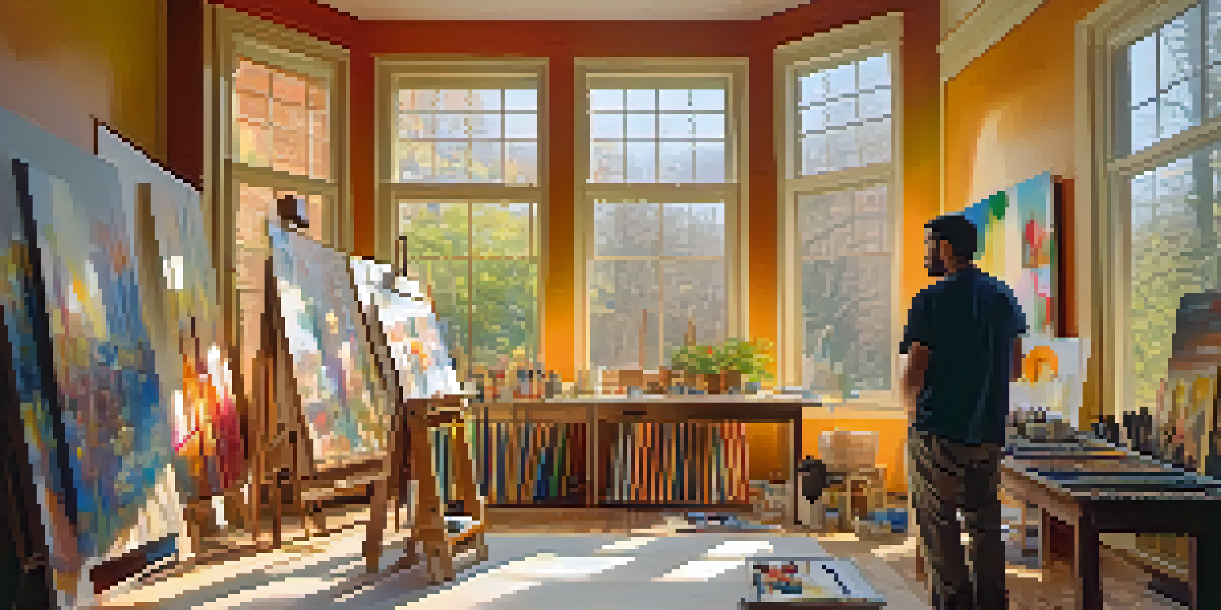 An artist's studio with a painter at a blank canvas, surrounded by colorful art supplies and abstract paintings, illuminated by sunlight.
