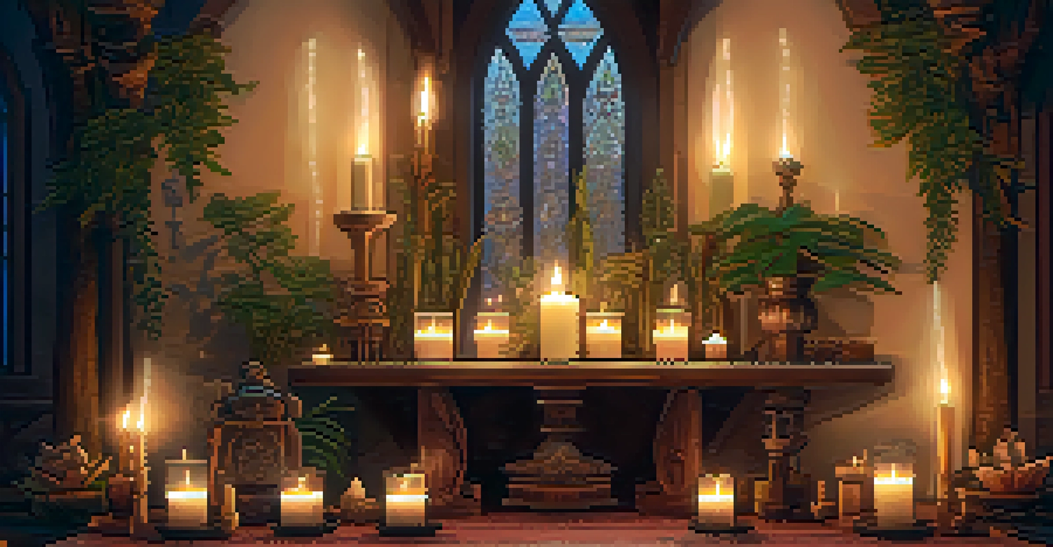 A cozy indoor altar decorated with candles and entheogenic plants, surrounded by a warm glow.