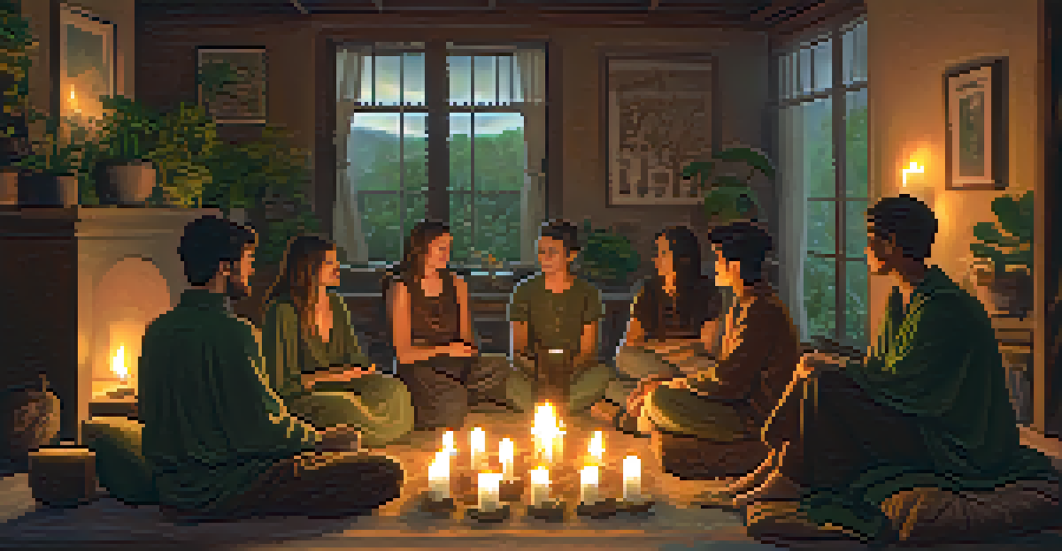A cozy candlelit room with participants seated on cushions, sharing insights after a ritual, surrounded by plants and stones.