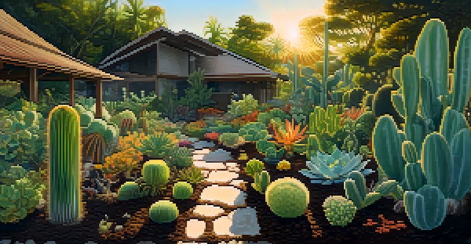 A vibrant garden showcasing diverse entheogenic plants with sunlight filtering through leaves, and organic fertilizers in the foreground.